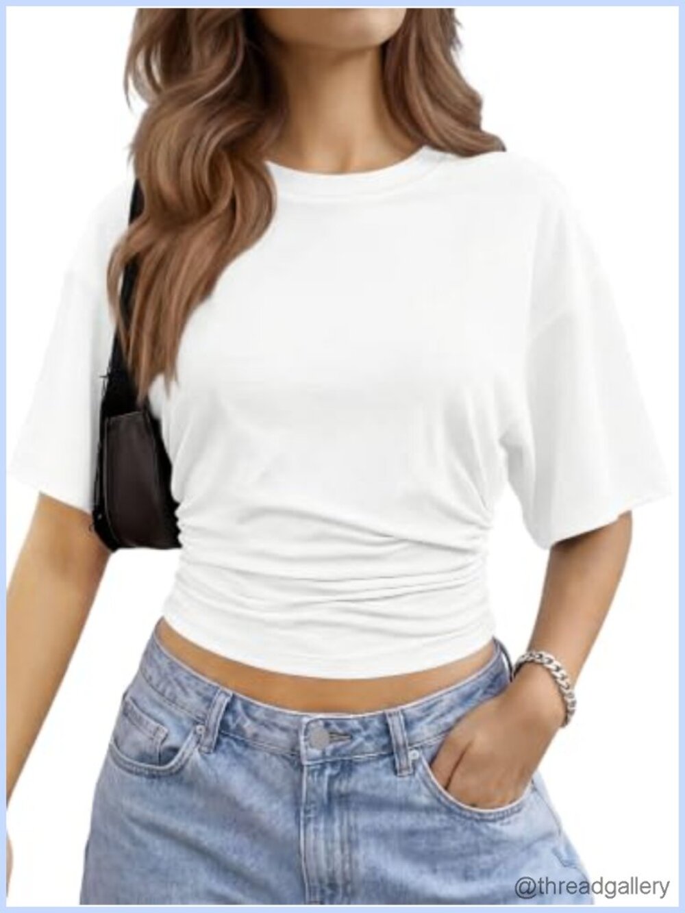 Crop Tops for Women Ruched Waist Half Sleeve Crew Neck Stretchy Summer Tee